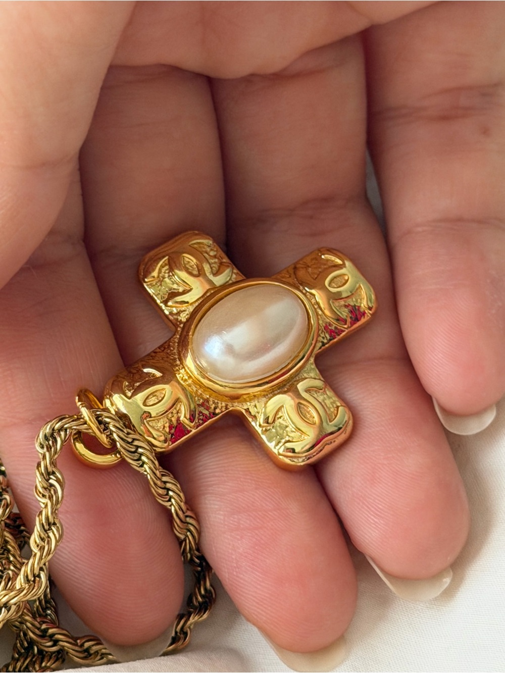 Gold Chanel Cross CC Pendant Necklace with Pearl Center - Picture 10 of 17
